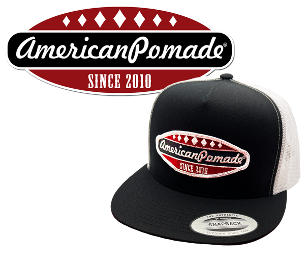 American Pomade Diamond Script Hat · Trucker · Flat Bill Snapback · Black/White