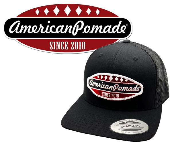 American Pomade Diamond Script Hat · Trucker · Curved Bill Snapback · Black